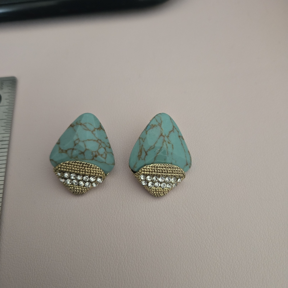 Turquoise Stone and Gold Crystal Accent Stud Earrings - Women Jewelry